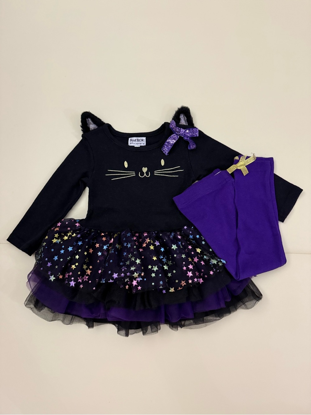 Blueberi Boulevard Black & Purple Star Cat Tutu Outfit with Purple Leggings 2T